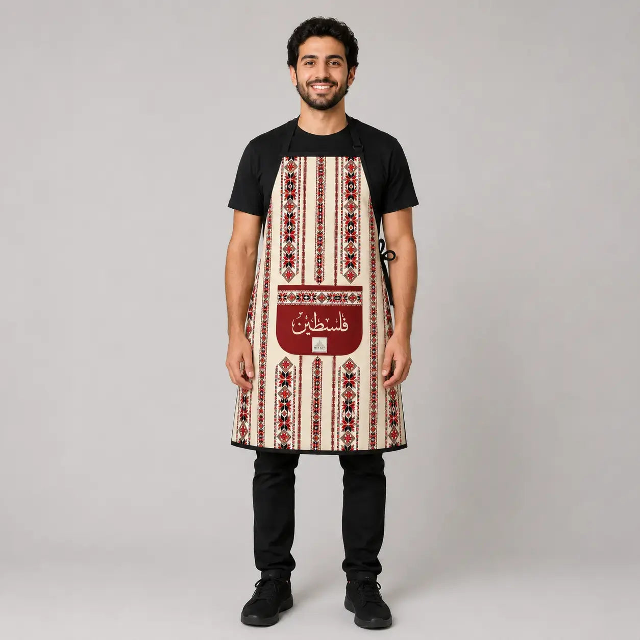 Palestinian Tatreez Cooking Apron – Traditional Embroidered Heritage Kitchen Apron with Pocket