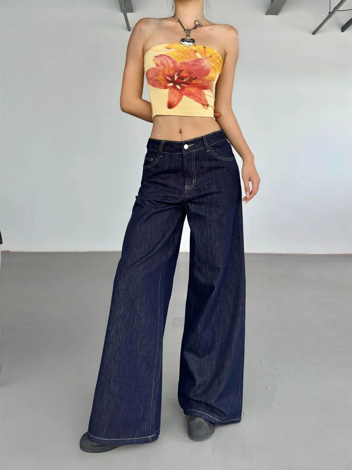 Fashion American Retro Wide Leg Baggy Jeans Pant For Women