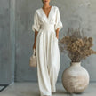 Women's Wide-Leg Jumpsuit High Waist Pleated Three-Quarter Sleeve Elegant Workwear