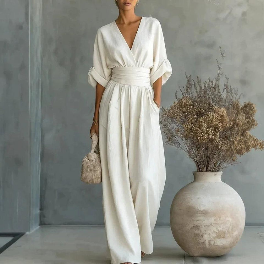 Women's Wide-Leg Jumpsuit High Waist Pleated Three-Quarter Sleeve Elegant Workwear