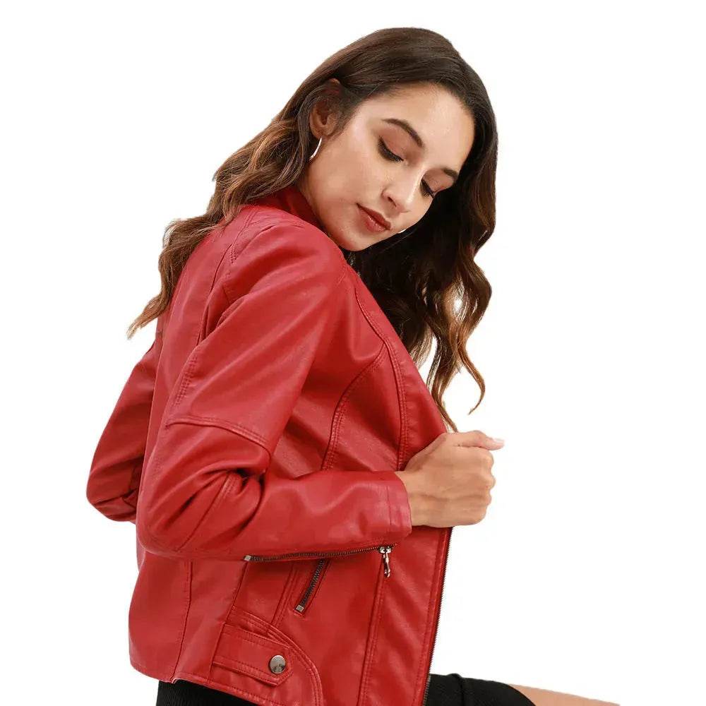 Fashioned European and American Slim fit stand collar Leather jacket for women