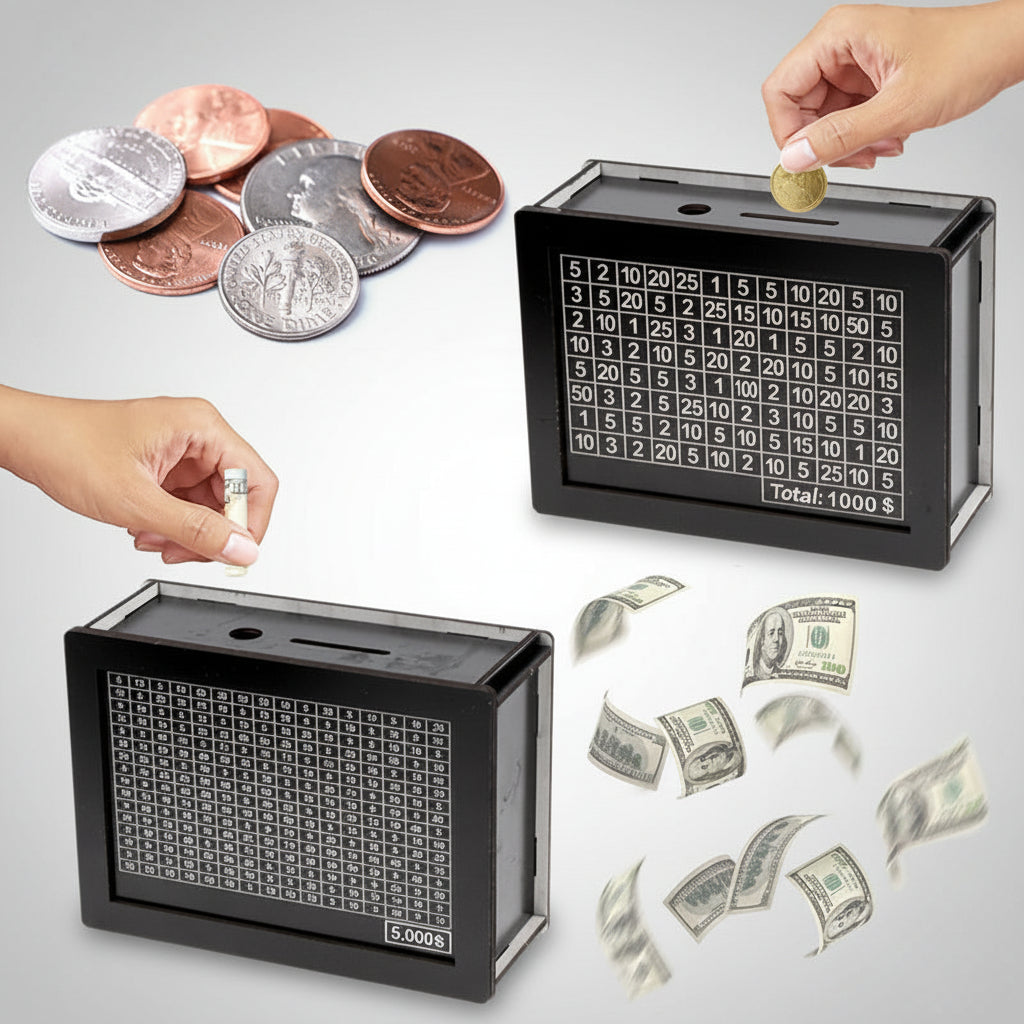 Wooden Coin Bank – Minimalist Black Piggy Bank with Denomination Slots (1K–10K)