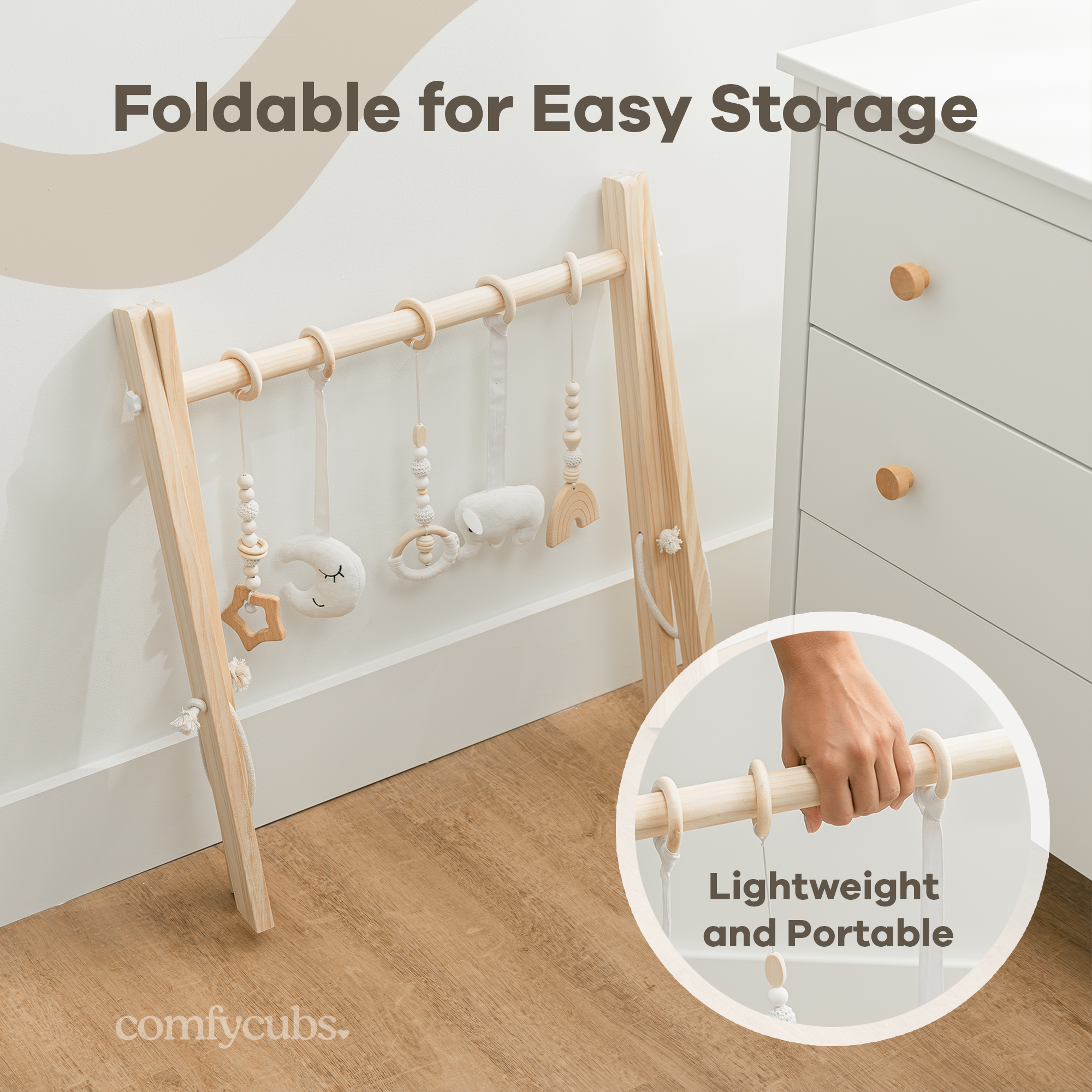Comfy Cubs - Foldable Baby Play Gym with 5 Hanging Toys - Natural Wood