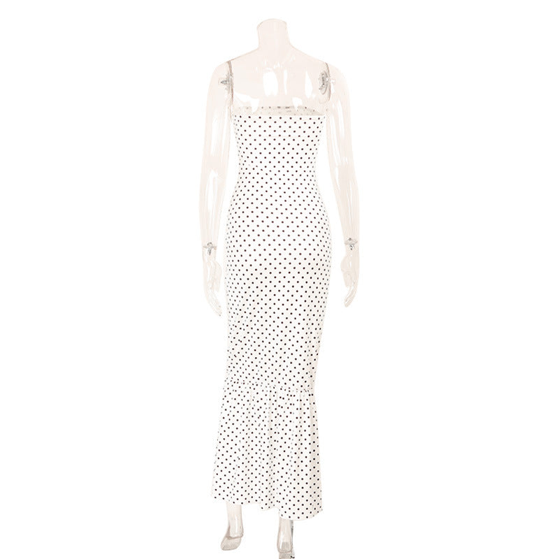 French Style Polka Dot Strapless Maxi Dress – High Waist Bow Tie Floor-Length Dress for Women