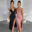 Spaghetti Strap Dress With Split Design Deep V-neck Sleeveless Backless Bodycon Satin  Evening Party Wedding Cocktail Dresses For Womens Clothing