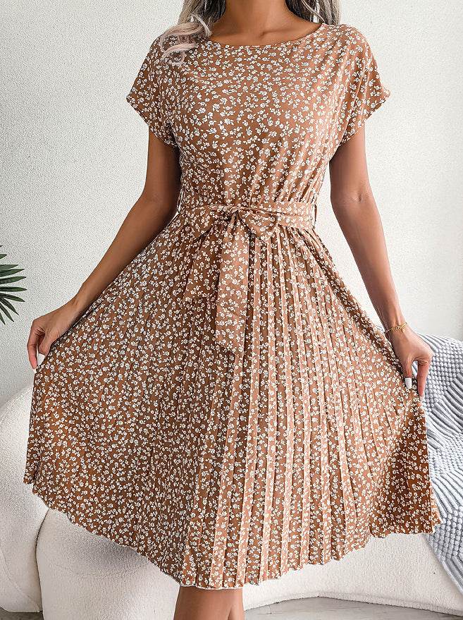 Casual Spring Summer Tie belt Pleated Floral Midi Dress