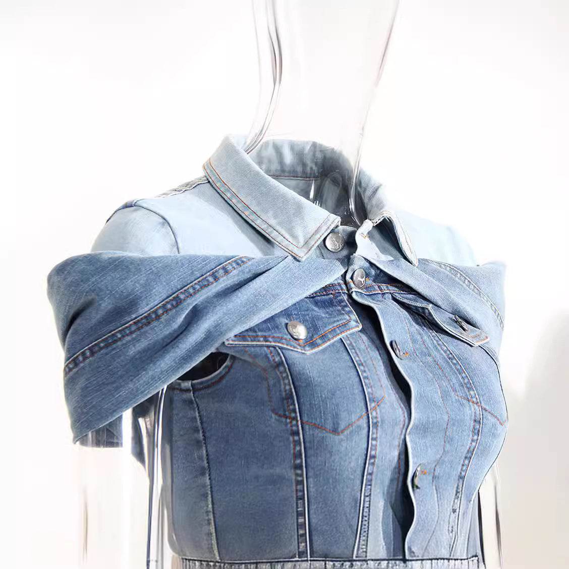 Sweet Cool Bandage Dress Shirt Slimming Denim jeans Shirt women