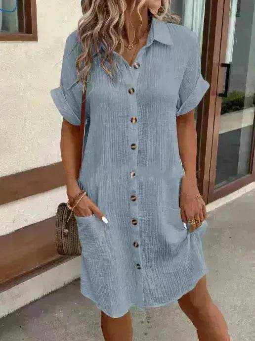 Womens Button Down Shirt Dress Summer Cotton Linen Dress V-Neck Mini Dress Casual Short Sleeve Loose Tunic Dresses