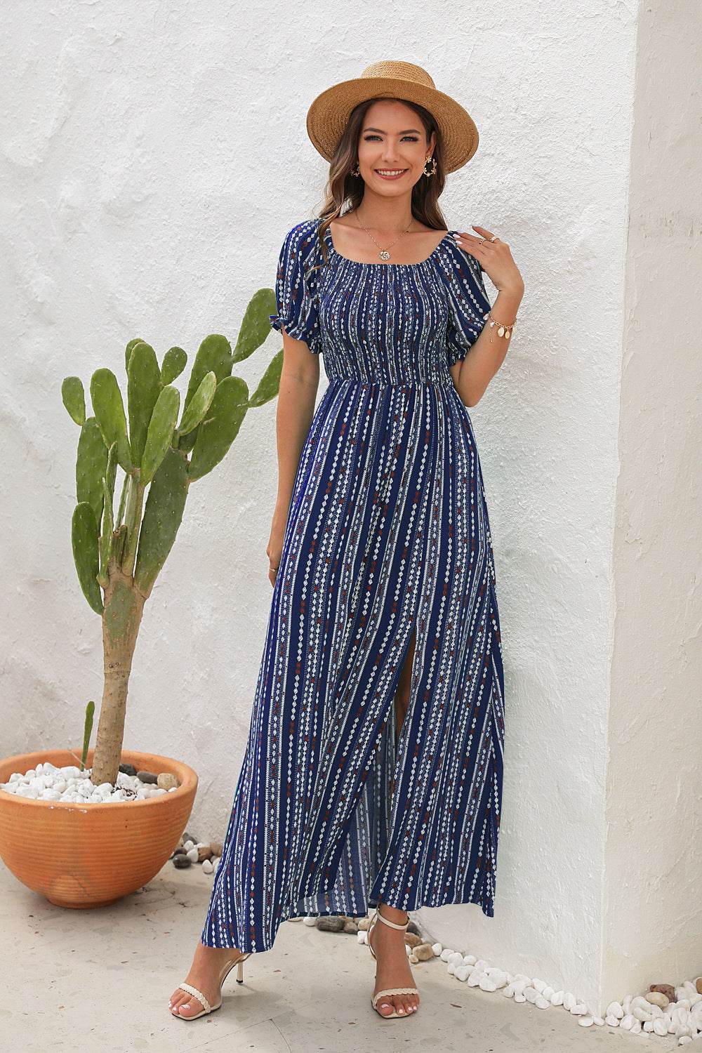 Elegant Off shoulder Spring Summer Maxi dress Slit Chiffon maxi dress for Beach vacation resort travel