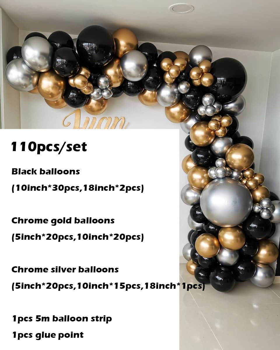 Black Gold Silver Balloon Garland Kit – 110pcs Party Decoration Set