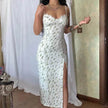 Women's Floral Spaghetti Strap Cami Dress Lace Trim Side Slit Bodycon Midi summer Dress
