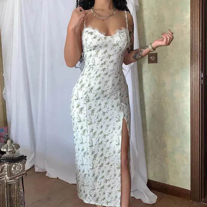 Women's Floral Spaghetti Strap Cami Dress Lace Trim Side Slit Bodycon Midi summer Dress