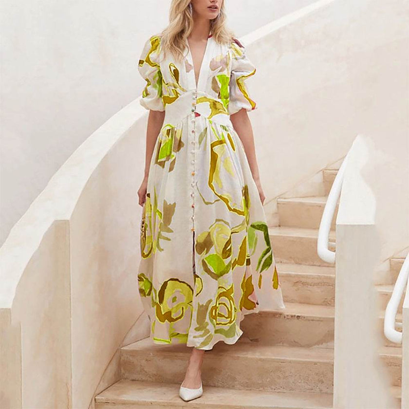Summer Print Dresses V-neck Button Short Sleeve Midi Dress