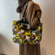 Women's Winter Plush Floral Shoulder Bag – Large Tote Handbag (White & Decor)