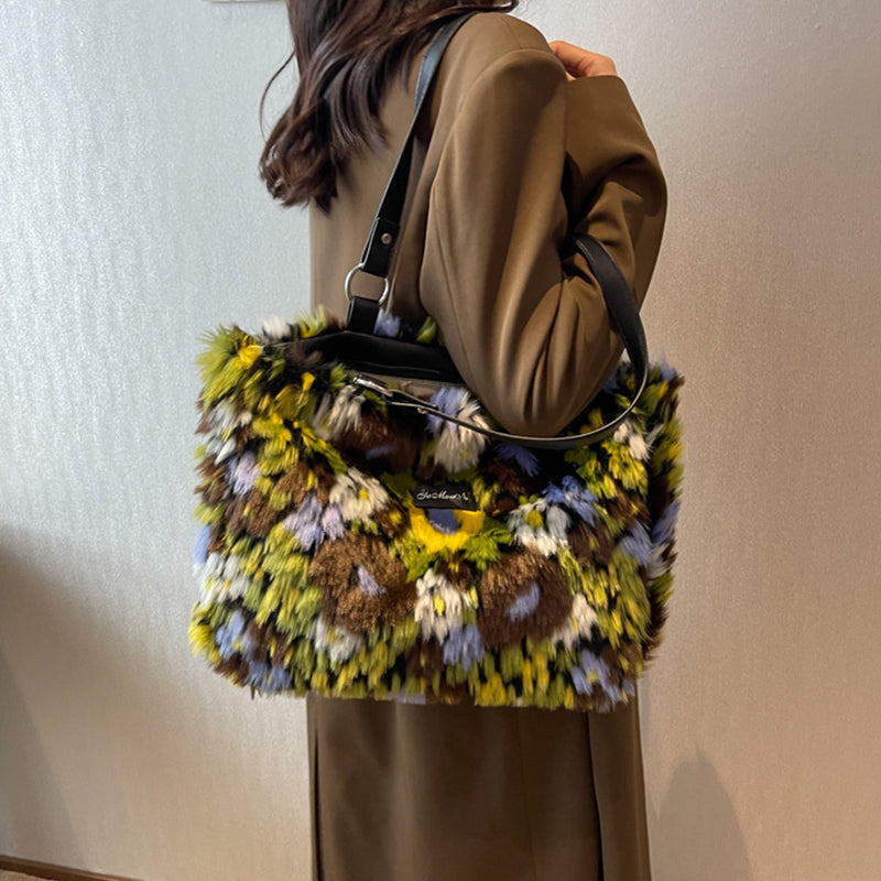 Women's Winter Plush Floral Shoulder Bag – Large Tote Handbag (White & Decor)