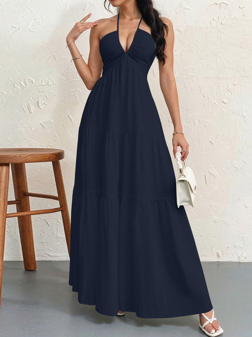 Backless Halterneck V-Neck Pleated A- Line Dress Women's Clothing One-Piece Dress Ankle-length Skirt For Beach Vacation Outfits