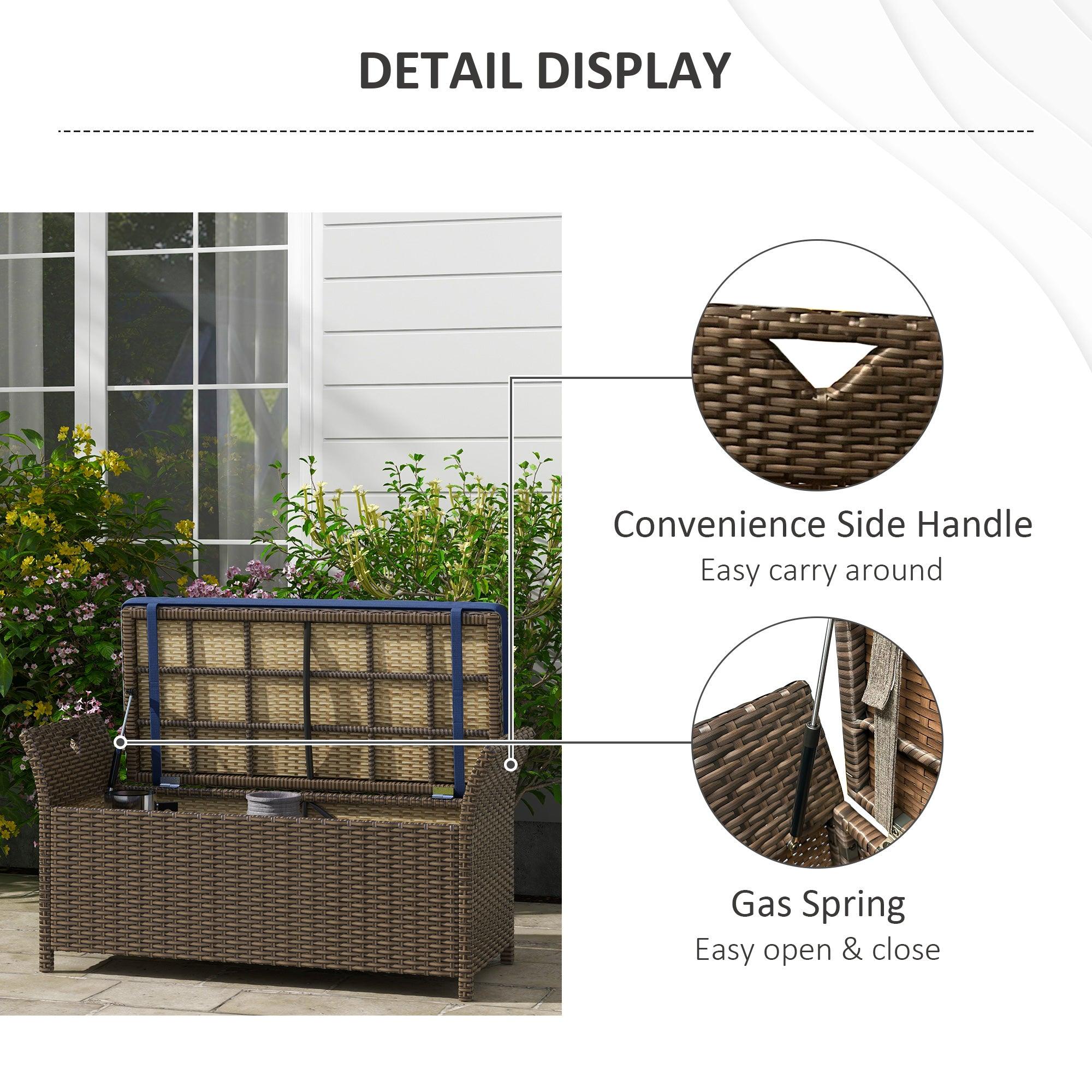 Outdoor Patio Wicker Storage Bench, 2-In-1 Rattan Patio Furniture, 29 Gal Storage Box w/ Cushion, Dark Blue