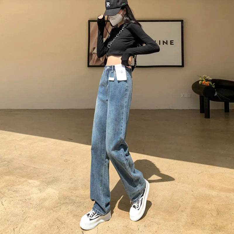 Wide Leg Jeans – High Waist Retro Blue Cotton Pants