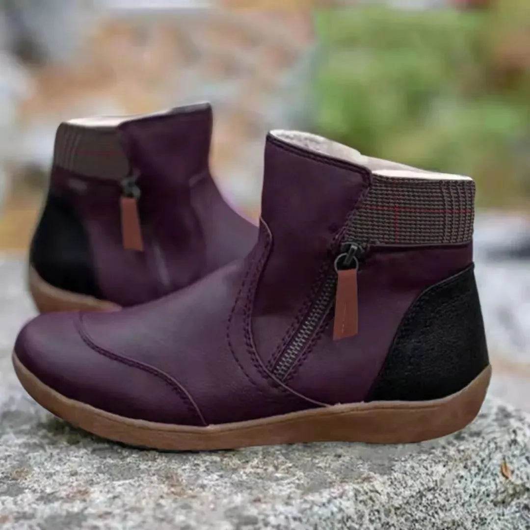 Winter Leather Stitching Flat Bottom Martin Boots With Zipper Plus Size