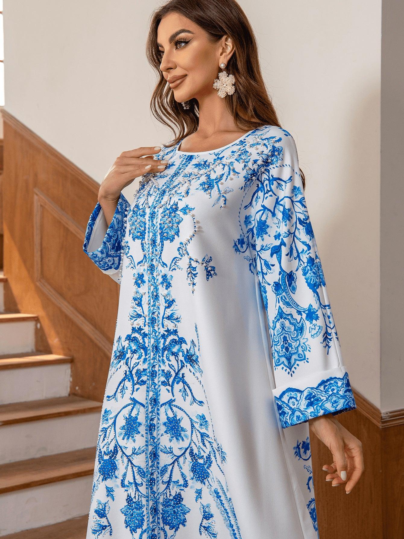 Muslim Robe Diamond Studded Bead Round Neck Dress