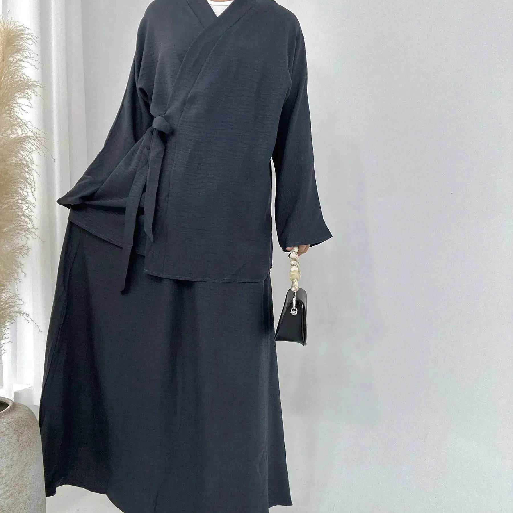 Plain Color Casual Lace Up Middle East Dubai Top And Skirt Suit Eid Abaya Jilbab Hijab Abaya for ArabWomen