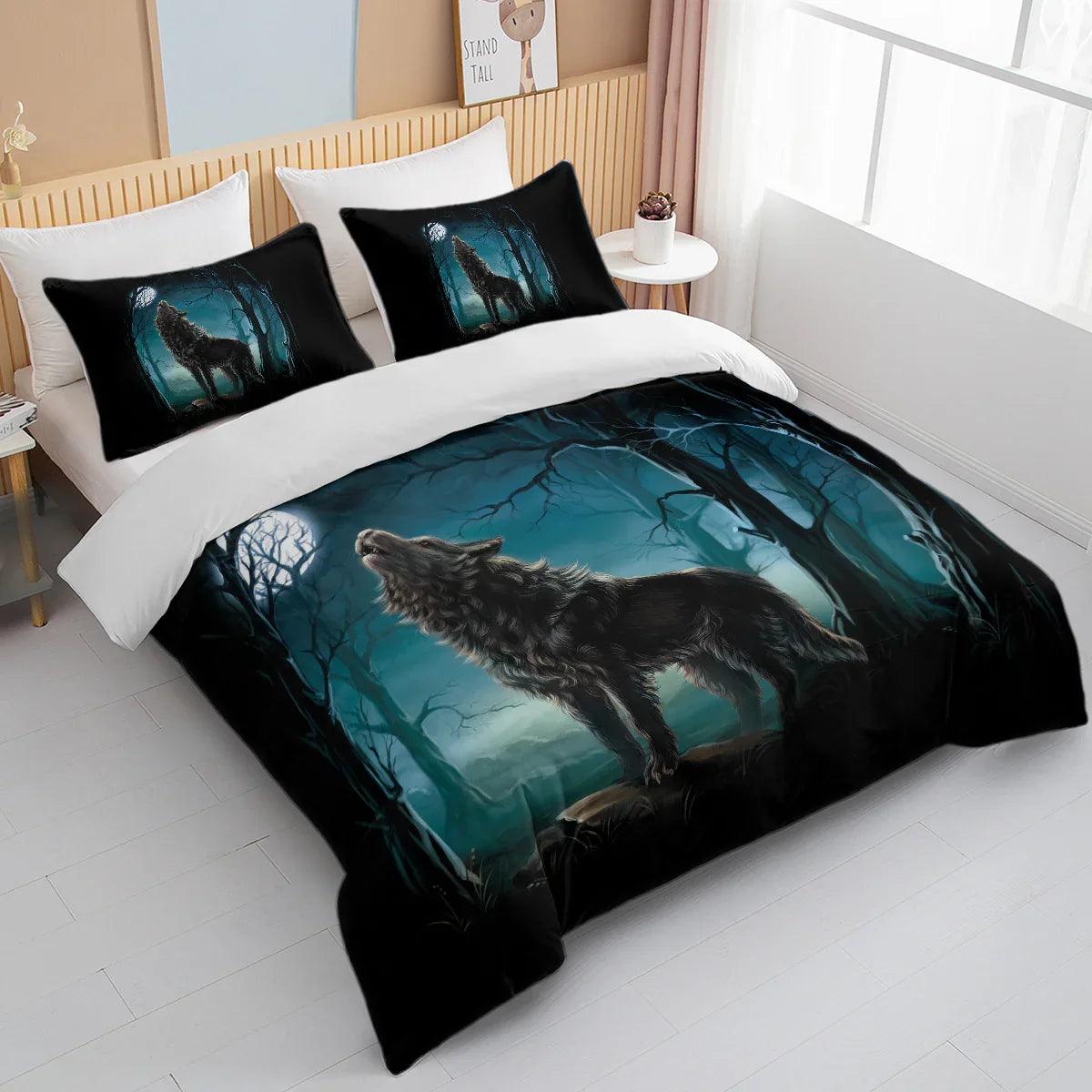 Moon Wolf Duvet Cover Set – Green Watercolor Forest Wolf Bedding | 3-Piece Microfiber | Twin Full King