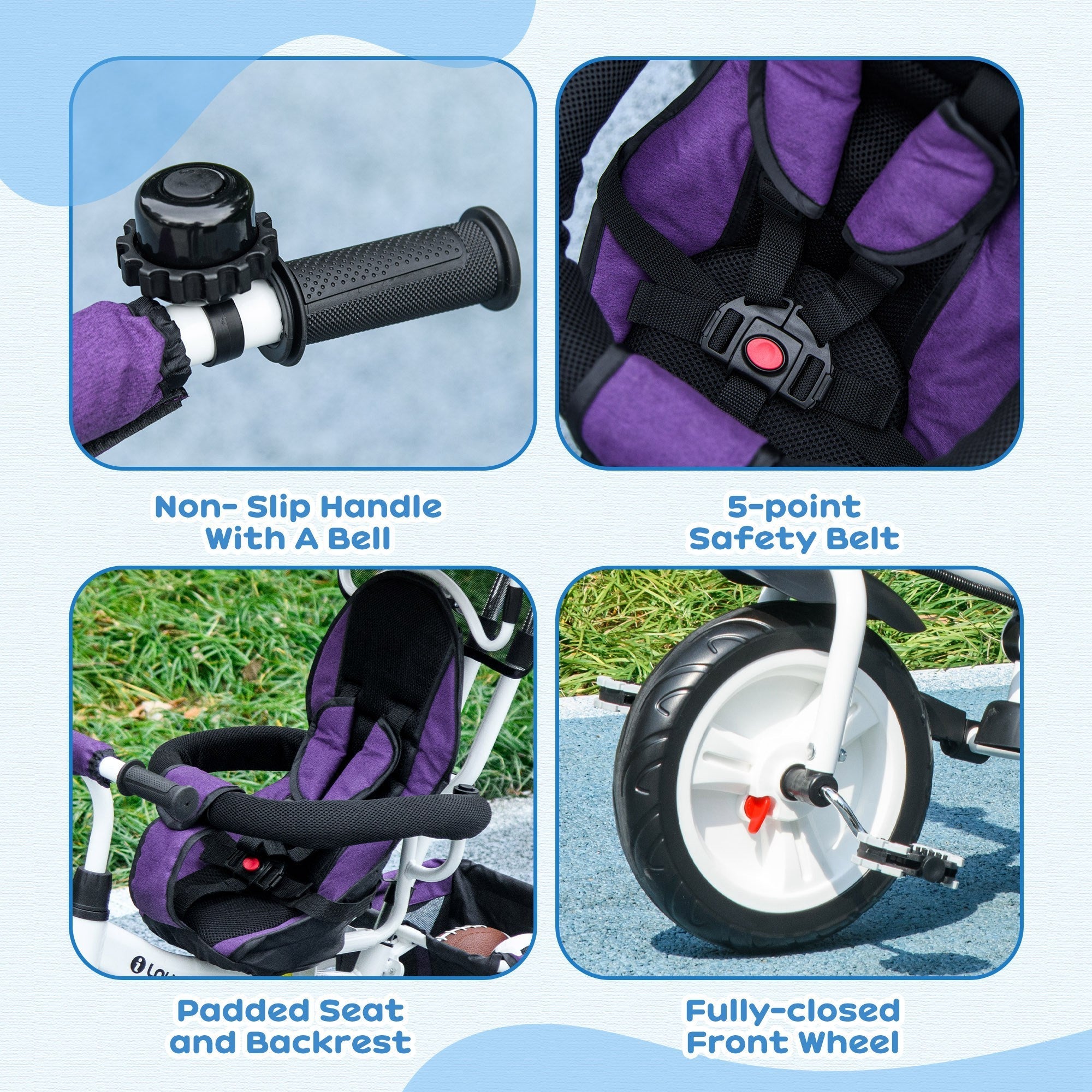 Qaba 4-in-1 Convertible Toddler Tricycle Stroller with Canopy Basket Safety Harness for Kids 12-60 Months Purple