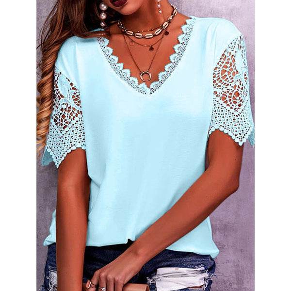 Summer Lace Tops Loose V Neck Short Sleeve Casual top