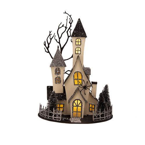 10x8.3x13.5 Cardboard Lighted Haunted House, Black Beige Tabletop Holiday Halloween Decor, Battery Powered
