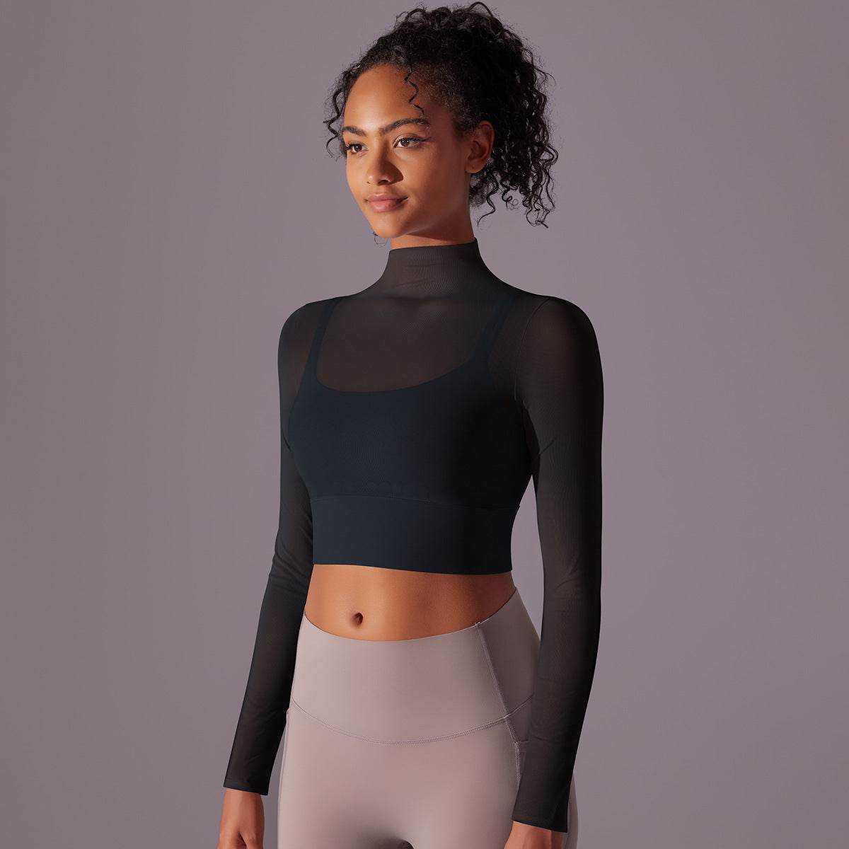 Quick Drying Gym Slim Fit Mesh Turtleneck Long Sleeve Workout Crop Top