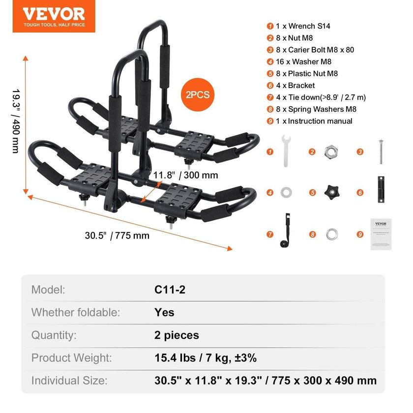 Kayak Roof Rack 1 Pair J-Bar, Soft Roof Rack, Top Mount Tie Down, Carrier For Kayak, Surf Board, Canoe, SUP, Ski Board, Mount On Car, SUV, Truck, 2 Kayaks