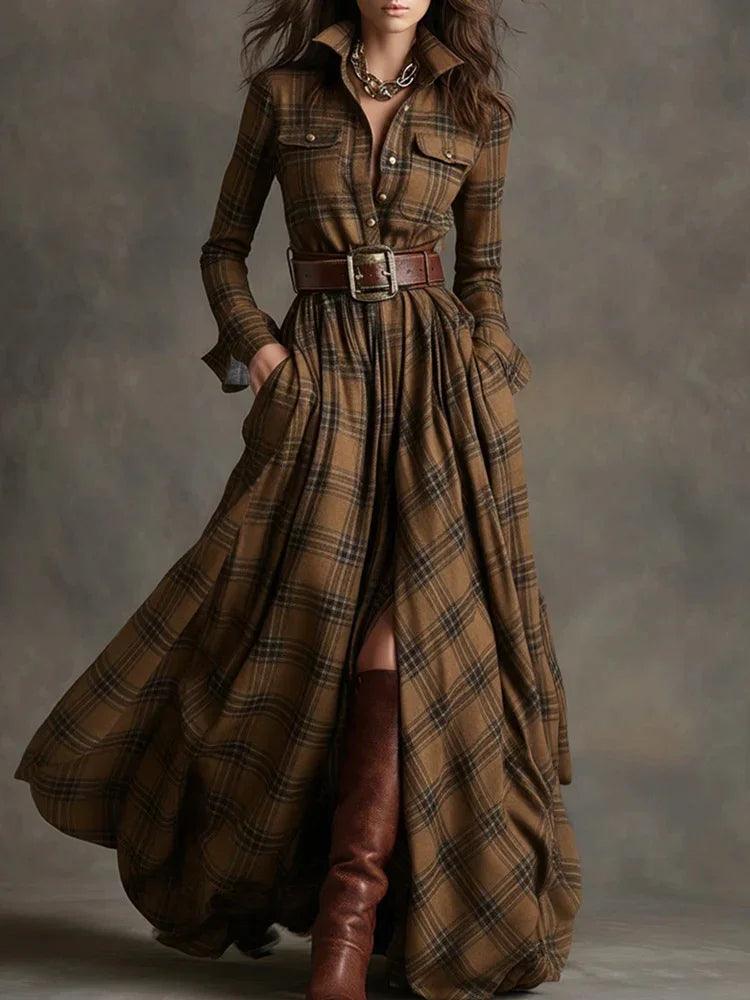 Large Size Women's Clothing French Retro Grid Slim Irregular Dress