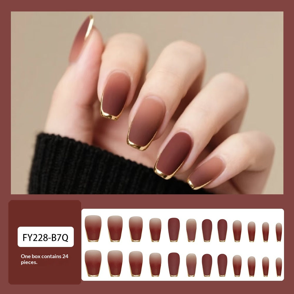 24-Piece 3D Gold-Plated Coffin Press-On Nails – Brown Gradient French Tips with Gel Glue & Nail File