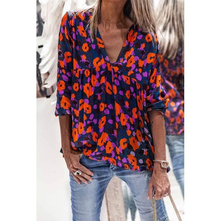 Women Casual Spring Summer New Style Blouse top Printing V-Neck Long-Sleeved