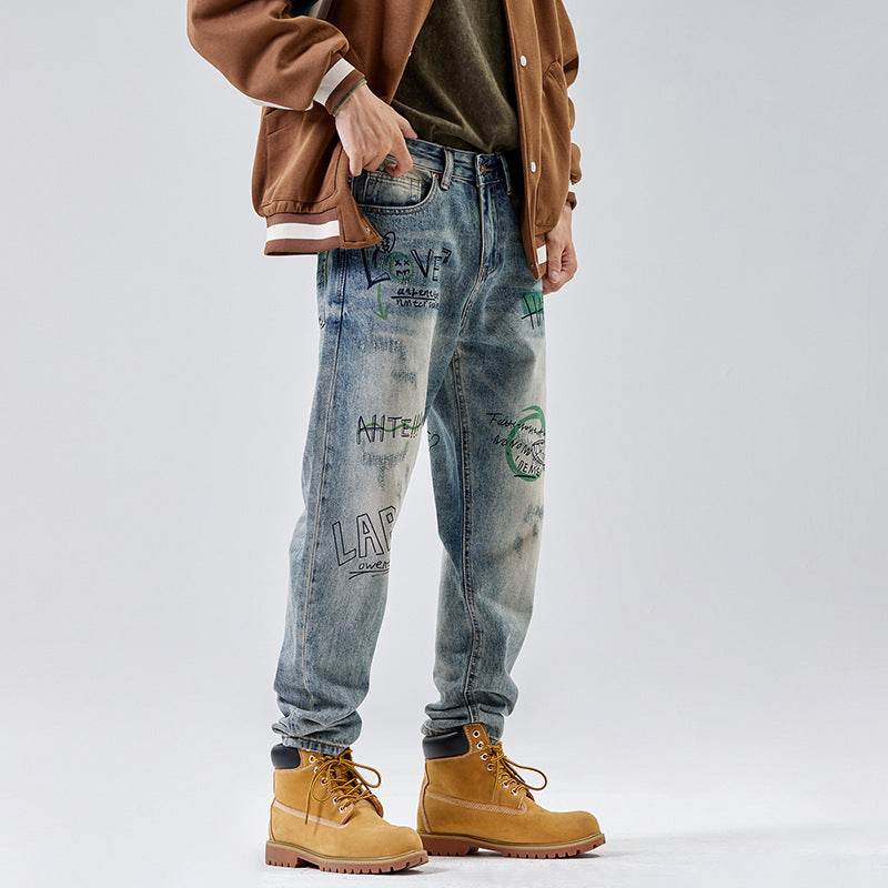 American Print Denim Casual jeans pant Loose Straight Dad Trousers For Men