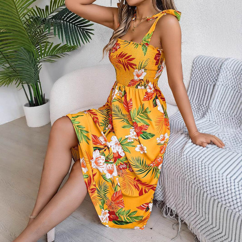 Flowers Print Suspender Corset Dress Ins Fashion Holiday Beach Long Dresses Summer Clothing For Women