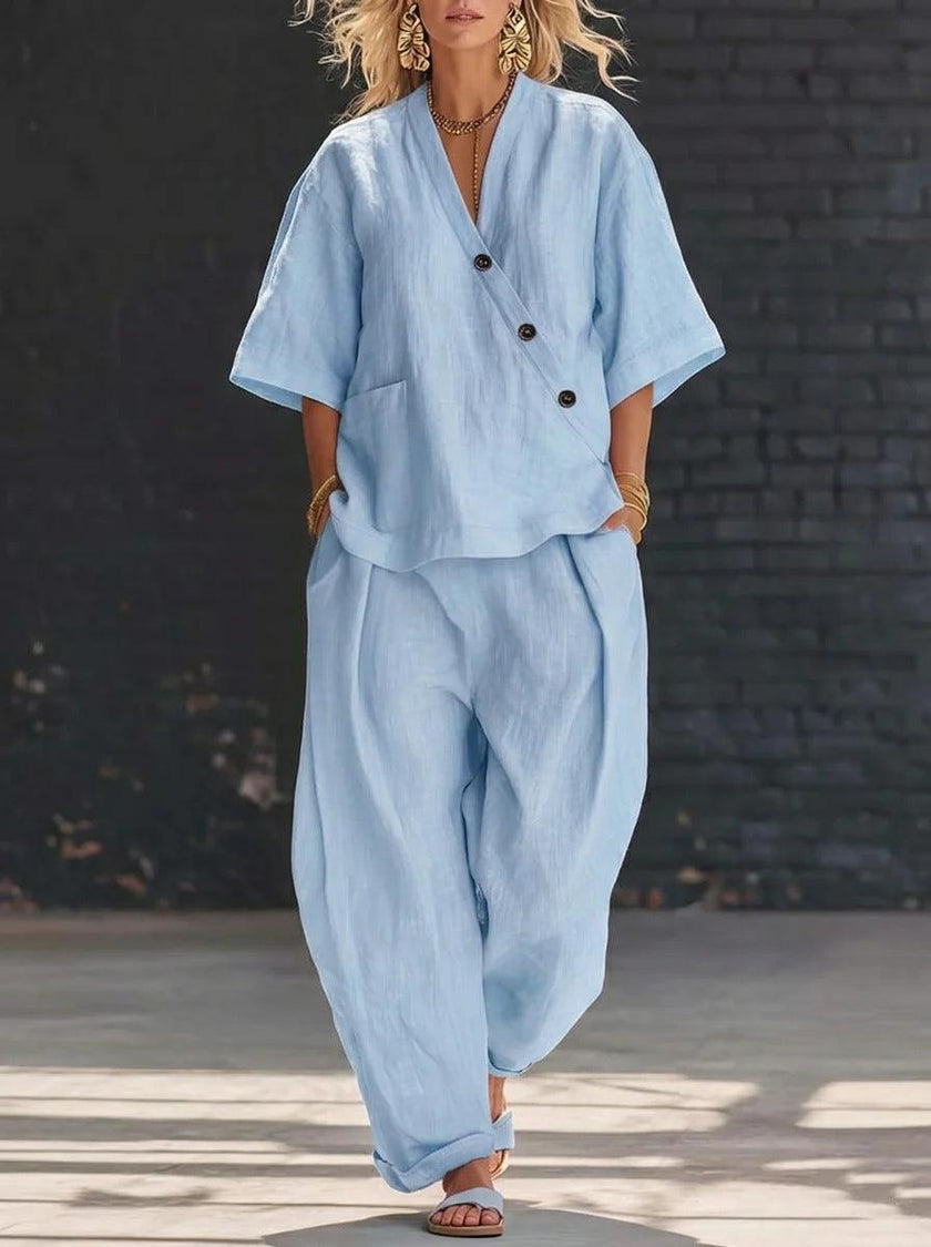 Women's Cotton Linen 2 Piece Outfit V-Neck Top & High-Waist Trousers