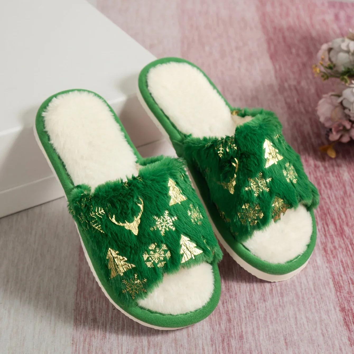 Christmas Plush Open Toe Furr Slippers for Women