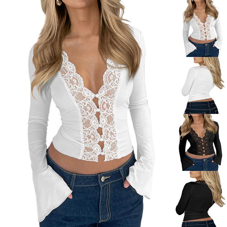 Slim V-neck Lace Button Shirt tank top Ins Fashion Trumpet Sleeve Long-sleeved Top Women Clothing