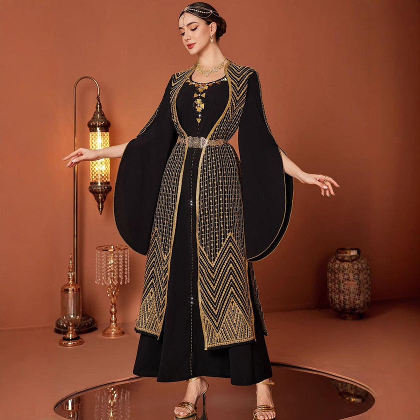 Arabic Vintage Gold Embroidered Black Fake Two Pieces Robe