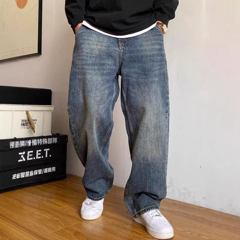 Heavyweight Washed Vintage Jeans – Unisex Baggy Straight-Leg Denim (M–8XL)