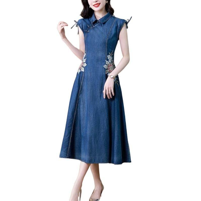 New Modified Version Denim Jeans Flared Midi Dress Female Machine Embroidery Retro