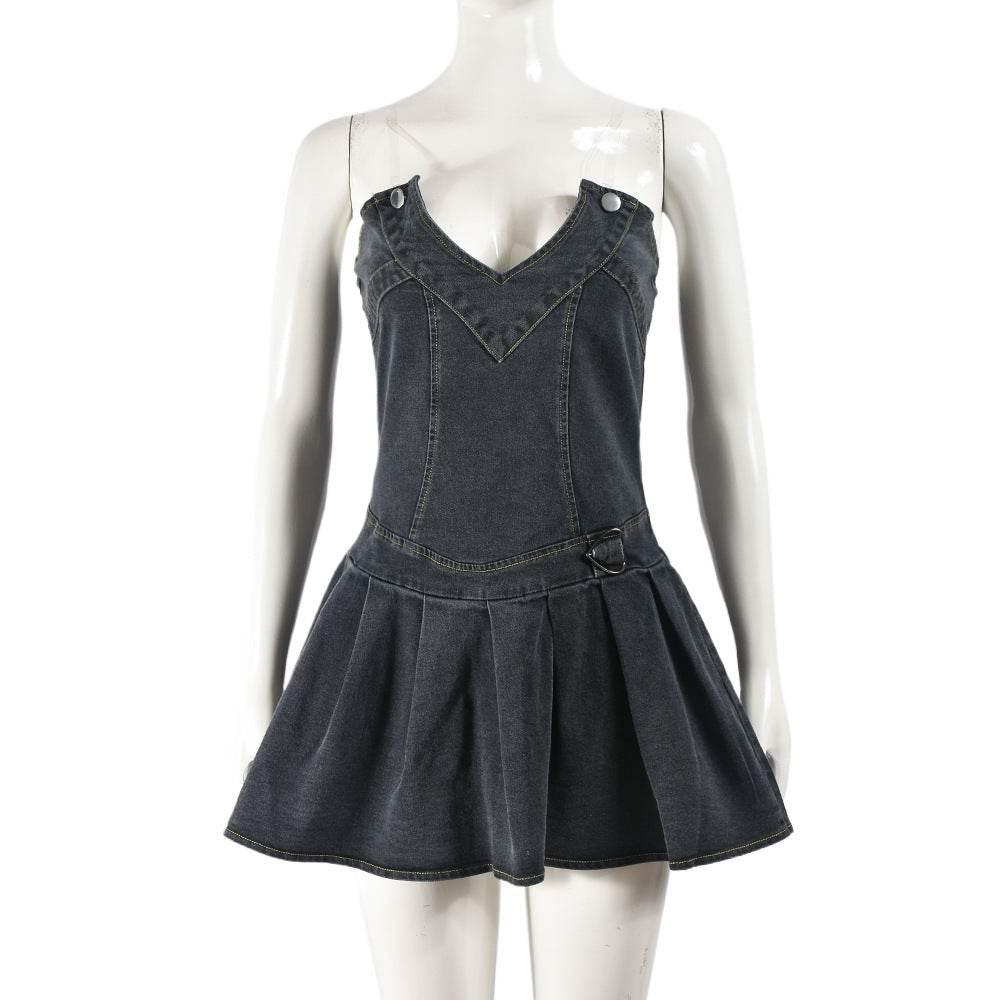 Hot Girl French Pleated V-neck Denim  Tube top Dress