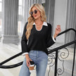 Casual Color Matching Lapel Long Sleeve Blouse Top Women