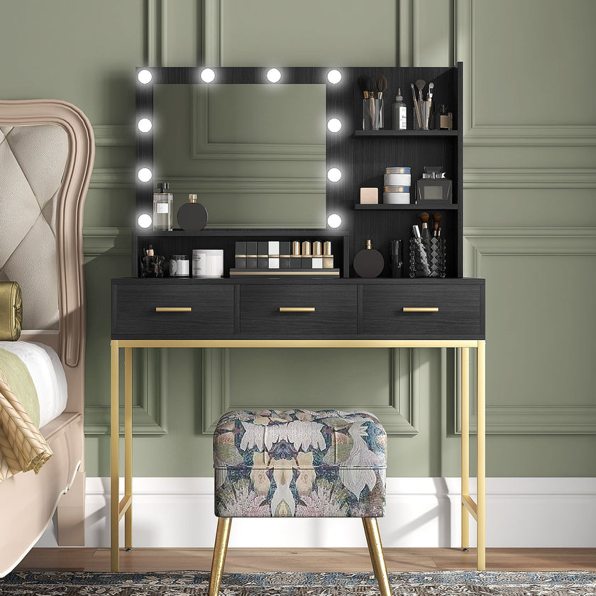 Sophia Illuminated Makeup Table with LED Lights and 3 Drawers-Black