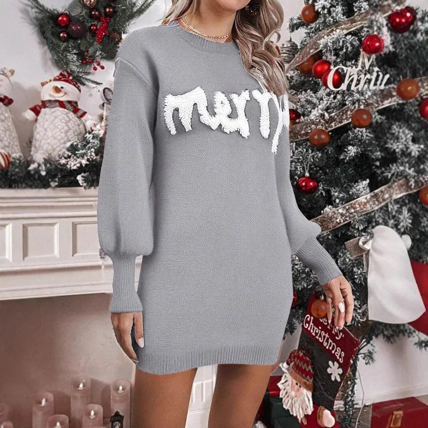 Women's Knitted Round Neck Lantern Sleeve Pullover Sheath Christmas sweater Dress
