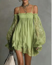 Long-Sleeve Lace Boat Neck Slip Dress – Solid Color Stretch Mini