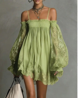 Long-Sleeve Lace Boat Neck Slip Dress – Solid Color Stretch Mini