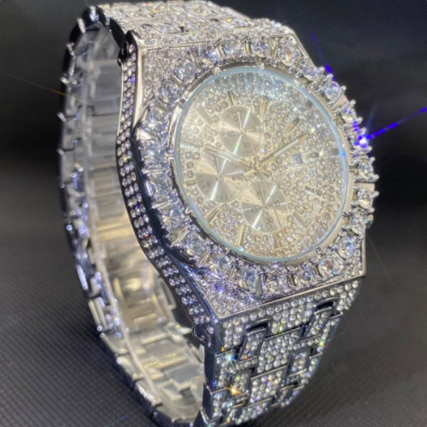Men's Iced Out Diamond Rhinestone Watch – Luxury Hip Hop Quartz Wristwatch
