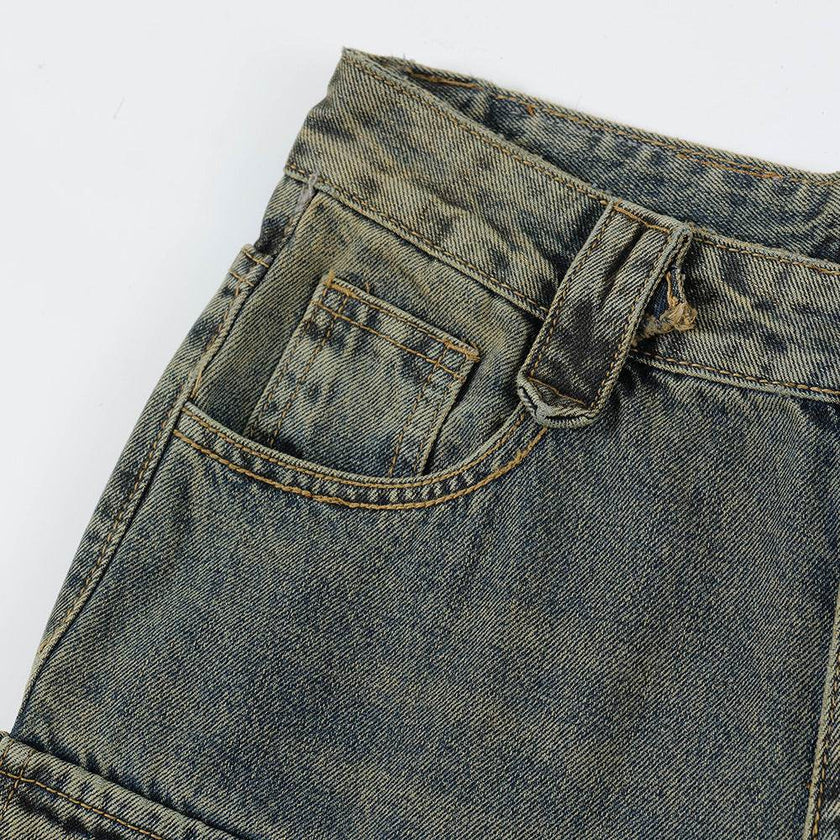 Punk Distressed Washed Denim Jeans Cargo Pant  Men